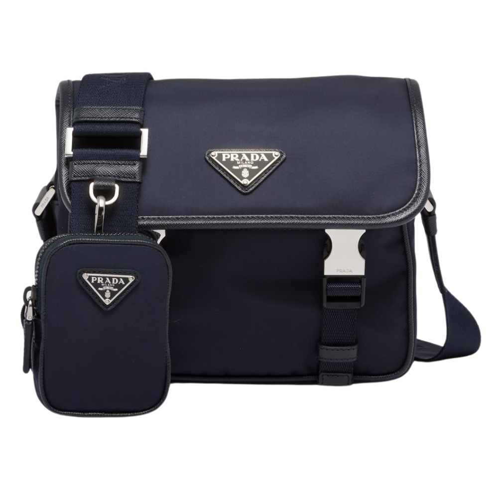 Prada - Sac porté épaule en Re-Nylon et cuir Saffiano -double bleu marine